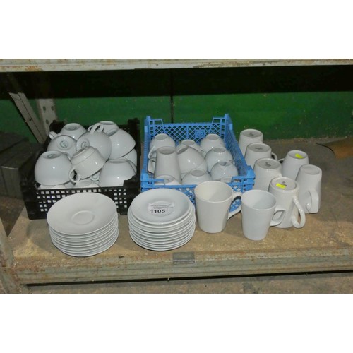 1105 - A quantity of various white crockery including teacups, saucers, mugs etc by Steelite, Chinacraft et... 