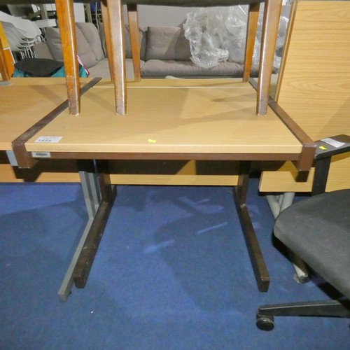 1454 - A metal framed desk with a wood effect top measuring approx 81cm x 81cm