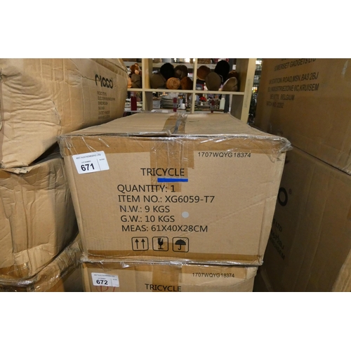 671 - 1 x Ricco tricycle type XG6059-T7. Boxed and requires assembly