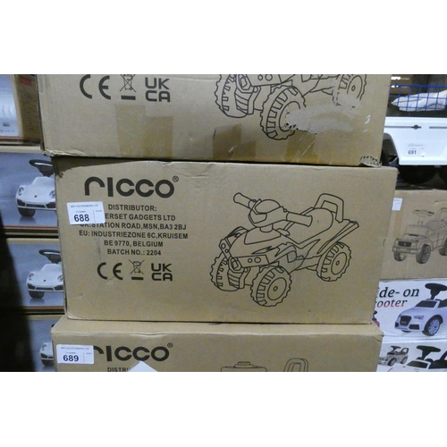 688 - 1 x Ricco 551 child's push along ride on toy quad. Boxed and requires assembly - Colour is red