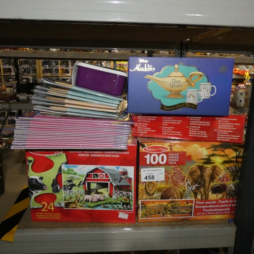 458 - A quantity of various gift items including puzzles, Aladdin tea set, transfer playsets etc