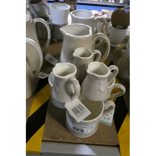 488 - 2 x large water jugs, 3 mugs & 3 x small milk jugs with geese