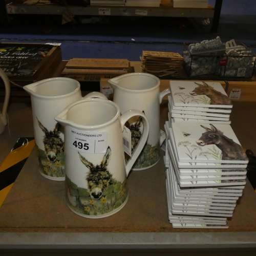 495 - 3 x large water jugs and a quantity of matching donkey patterned coasters