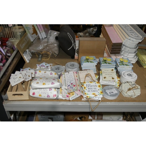 519 - A quantity of various gift related items including coasters, signs cases etc, contents of 1/2 a shel... 