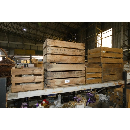 575 - 6 x various vintage style wooden crates, contents of 1 shelf