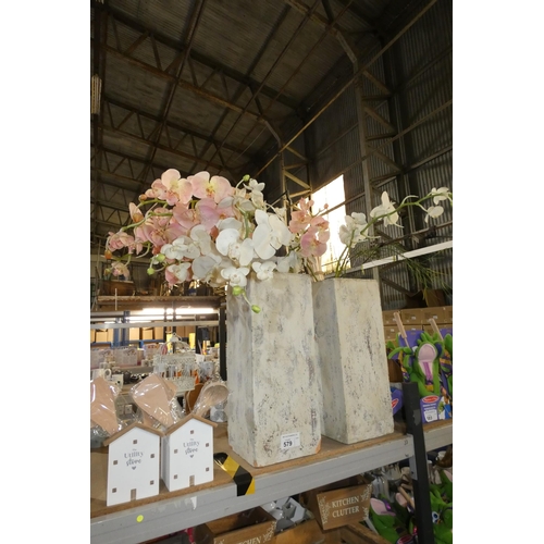 579 - 2 tall painted terracotta planters with artificial flowers