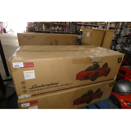 653 - 1 x Ricco Lamborghini Aventador child's ride on 12v battery powered toy car. Boxed and requires asse... 