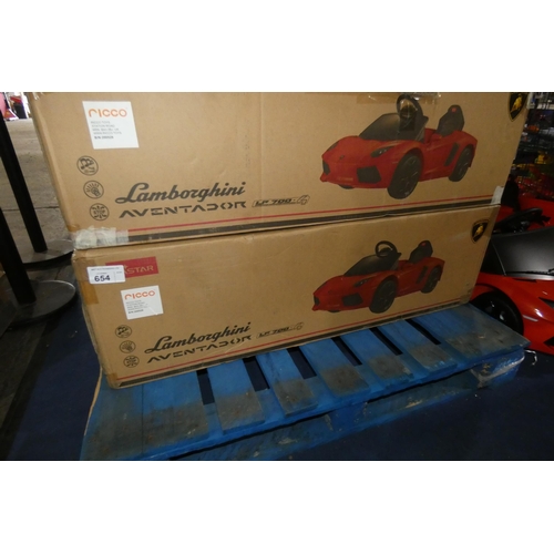 654 - 1 x Ricco Lamborghini Aventador child's ride on 12v battery powered toy car. Boxed and requires asse... 