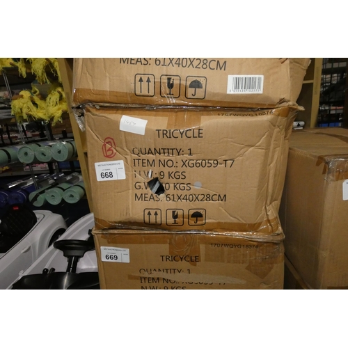 668 - 1 x Ricco tricycle type XG6059-T7. Boxed and requires assembly