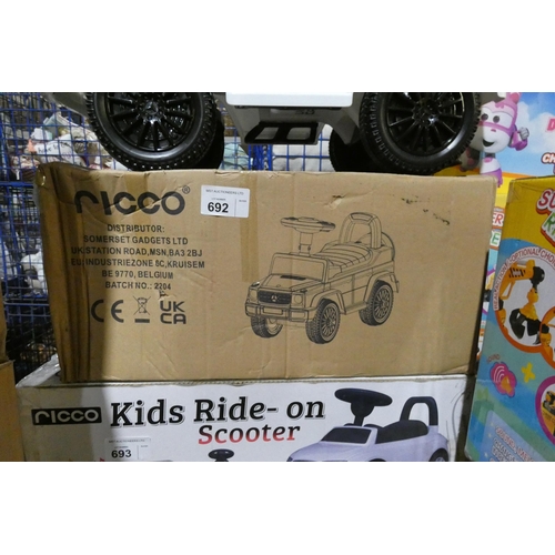 692 - 1 x Ricco Mercedes G-Class  push along ride on toy car. Boxed and requires assembly - Colour is whit... 