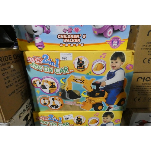 696 - 1 x Real Action Super 2 in 1 push along ride on toy digger. Boxed and requires assembly