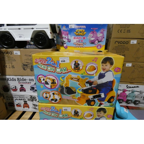 698 - 1 x Real Action Super 2 in 1 push along ride on toy digger. Boxed and requires assembly