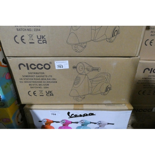 703 - 1 x Ricco Vespa push along ride on toy scooter. Boxed and requires assembly - Colour is pink