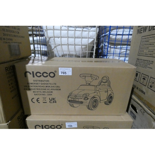 705 - 1 x Ricco Fiat 500 push along ride on toy car. Boxed and requires assembly - Colour is white