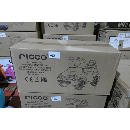 708 - 1 x Ricco Fiat 500 push along ride on toy car. Boxed and requires assembly - Colour is white