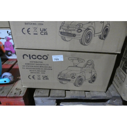 709 - 1 x Ricco Fiat 500 push along ride on toy car. Boxed and requires assembly - Colour is white