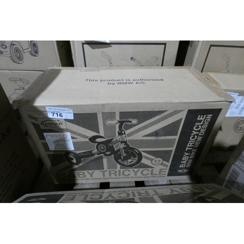 716 - 1 x Rastar Baby tricycle. Boxed and requires assembly - Colour is lightening blue