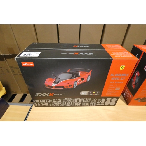 858 - 2 x Rastar radio controlled cars - Ferrari FXXK EVO. Boxed and requires assembly