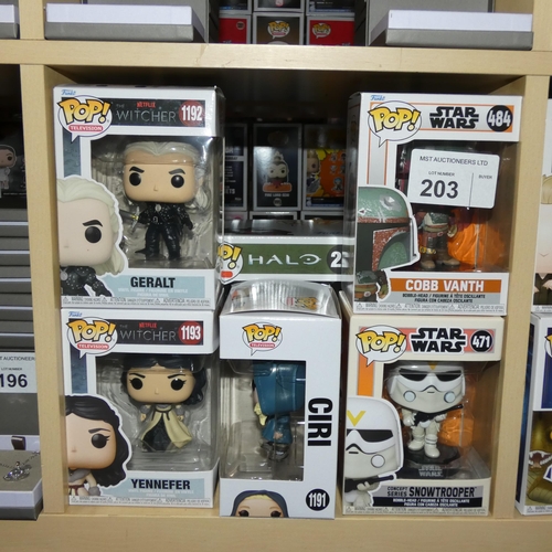 203 - 6 x various Funko Pop collectable bobble head figures - Boxed and unused. Not practical to list in d... 