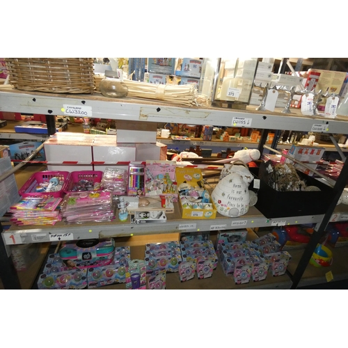 376 - A quantity of various items including lacing beads, piggy banks, pencils, pens etc. Contents of 1 sh... 