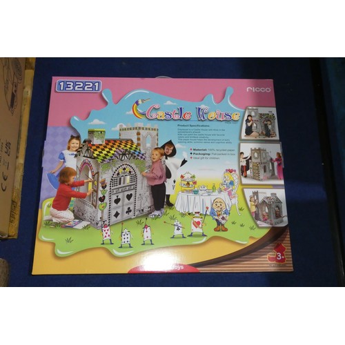 764 - 1 box containing 4 x Ricco cardboard Castle Houses. Boxed and requires assembly