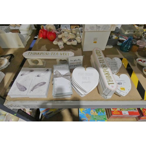 407 - A quantity of various wooden signs, coasters etc, contents of 1/2 a shelf