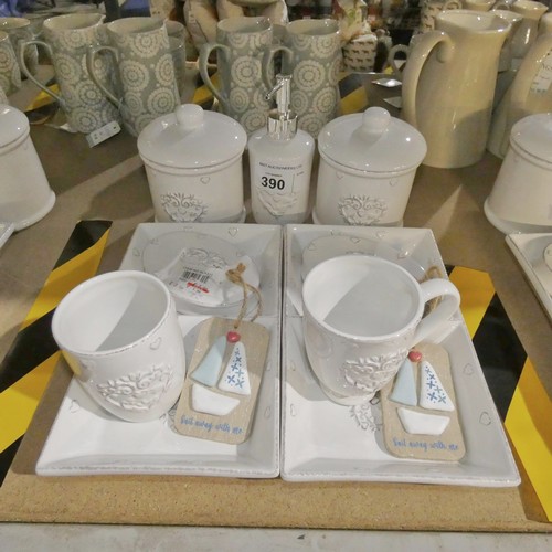 390 - A decorative bathroom set, jars, soap dishes etc