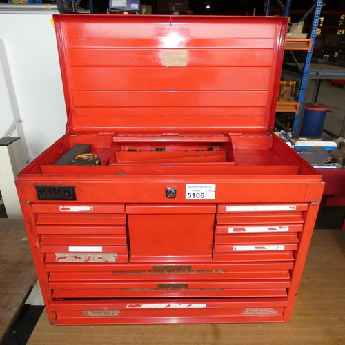 5106 - A red metal Talco 10 drawer workshop tool chest with lift up lid containing a quantity of various ha... 