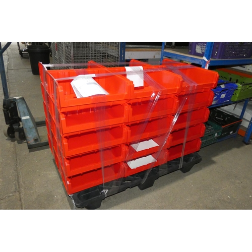 5422 - 1 pallet containing 30 x red plastic stacking / hanging storage bins each approx 41cm wide x 34cm lo... 