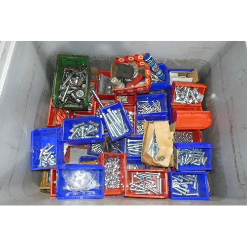 5644 - A quantity of Lin type plastic storage boxes containing a quantity of various large bolts, nuts etc.... 