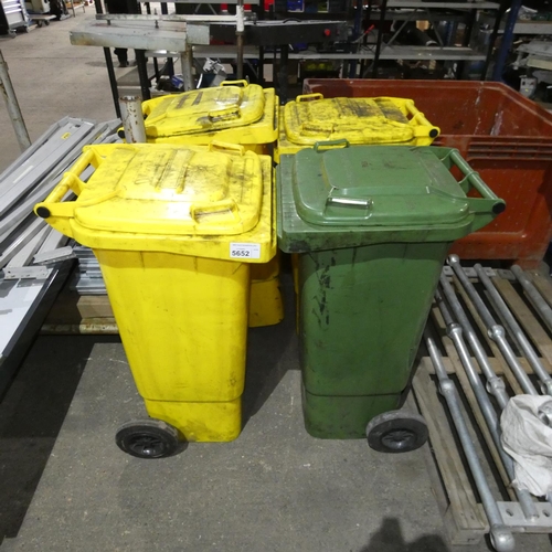 5652 - 4 x plastic wheeled bins (3 x yellow and 1 x green)