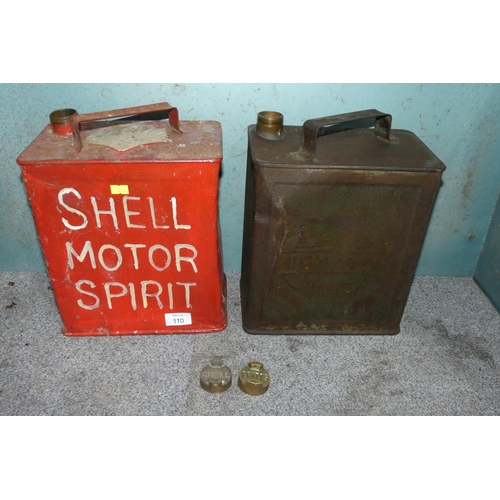 110 - 2 x vintage fuel cans, 1 by Shell Motor Spirit and 1 by Pratt's High Test, both with correct lids