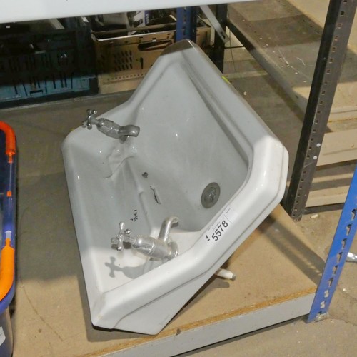 5578 - 1 x vintage white ceramic basin with 2 x taps fitted approx 56cm wide