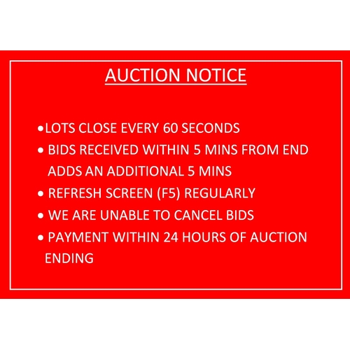 0 - This is a timed auction with each lot closing at 60 second intervals. Bids made within 5 minutes of ... 