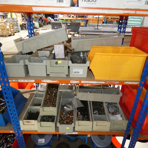 5828 - A quantity of plastic stores storage boxes containing a quantity of various washers, screws, bolts e... 