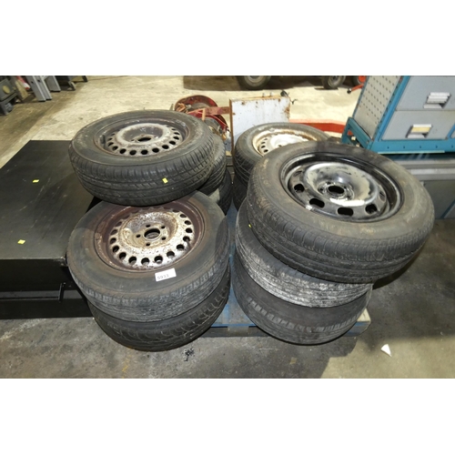 5933 - 1 pallet containing 9 x five stud wheels fitted with tyres (suit Ford Transit Connect?) and 1 x Mazz... 