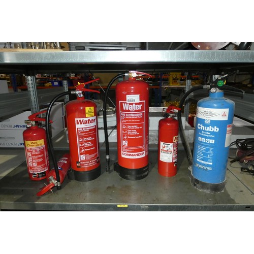 5889 - 6 x various fire extinguishers. Contents of 1 shelf