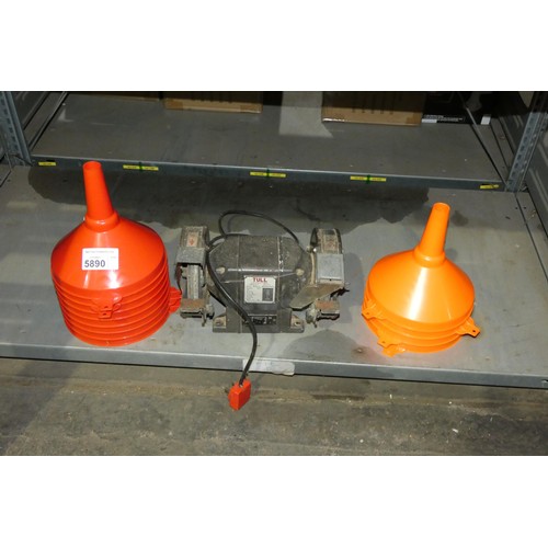 5890 - 1 x Tull bench grinder 240v and a quantity of plastic funnels. Contents of 1 shelf