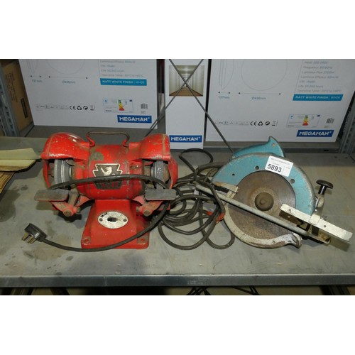 5893 - 1 x Wolf bench grinder and 1 x Black & Decker hand held circular saw - both 240v. Contents of 1 shel... 