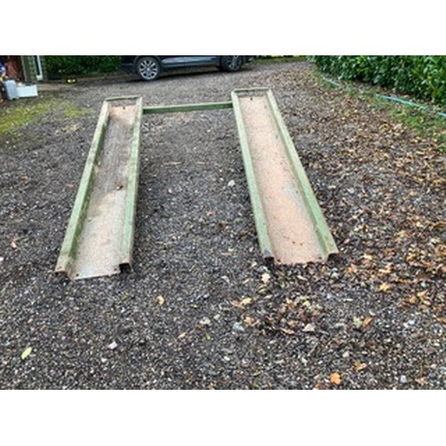 6084 - 2 x heavy duty metal ramps each approx 250cm long x 45cm wide and 1 x low metal support trestle appr... 