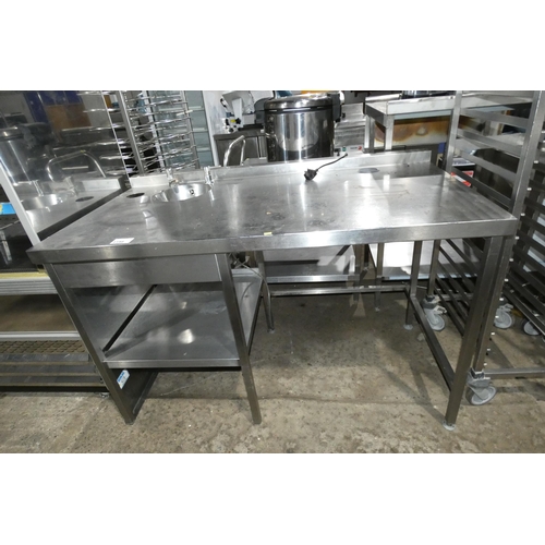 1198 - A commercial stainless steel prep table with hand sink, shelf and open space beneath approx 145x78cm