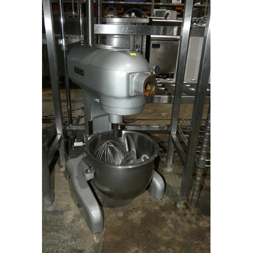 1220 - A commercial Hobart food mixer type A120, with stainless steel bowl, and 3 various whisk attachments... 