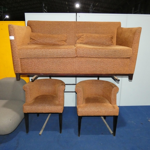 1307 - A Manor burnt orange upholstered reception type sofa approx 173cm wide with 2 x matching tub chairs