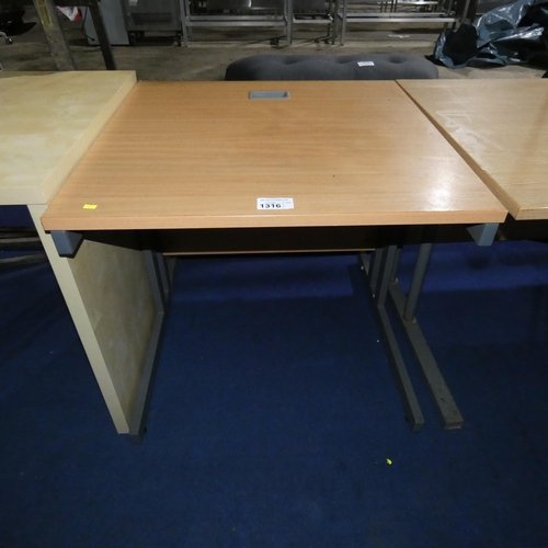 1316 - A metal framed office table with a wood effect top measuring approx 80cm x 80cm