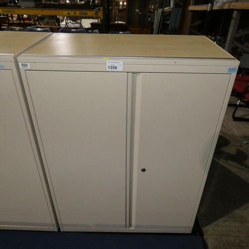 1359 - 1 x metal two door office storage cabinet with slightly sloping wood effect top approx 90 x 47 x 118... 