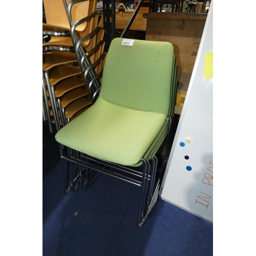 1417 - 4 x Naughtone Viv stacking chairs with sled base upholstered in lime green cloth RRP £440 each (owne... 