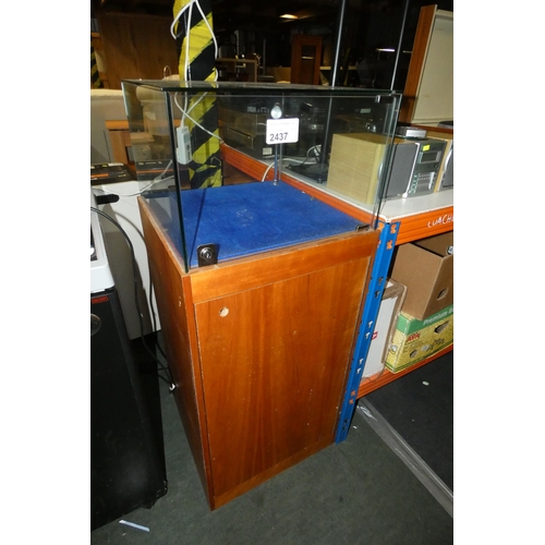 2437 - A wooden cabinet with glass display top approx 48 x 48 x 121cm high, requires new locks.