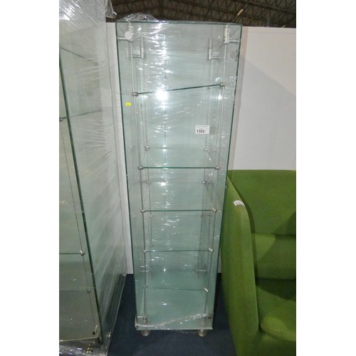 1302 - 1 x glass display cabinet approx 50 x 50 x 181cm high