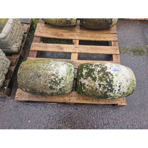 2676 - 2 x weathered stone/ marble barrel shaped garden ornaments