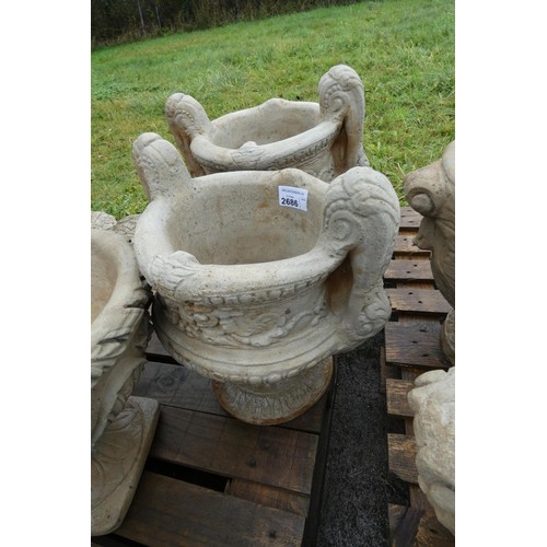 2686 - A pair of large concrete 2 handled urn type planters